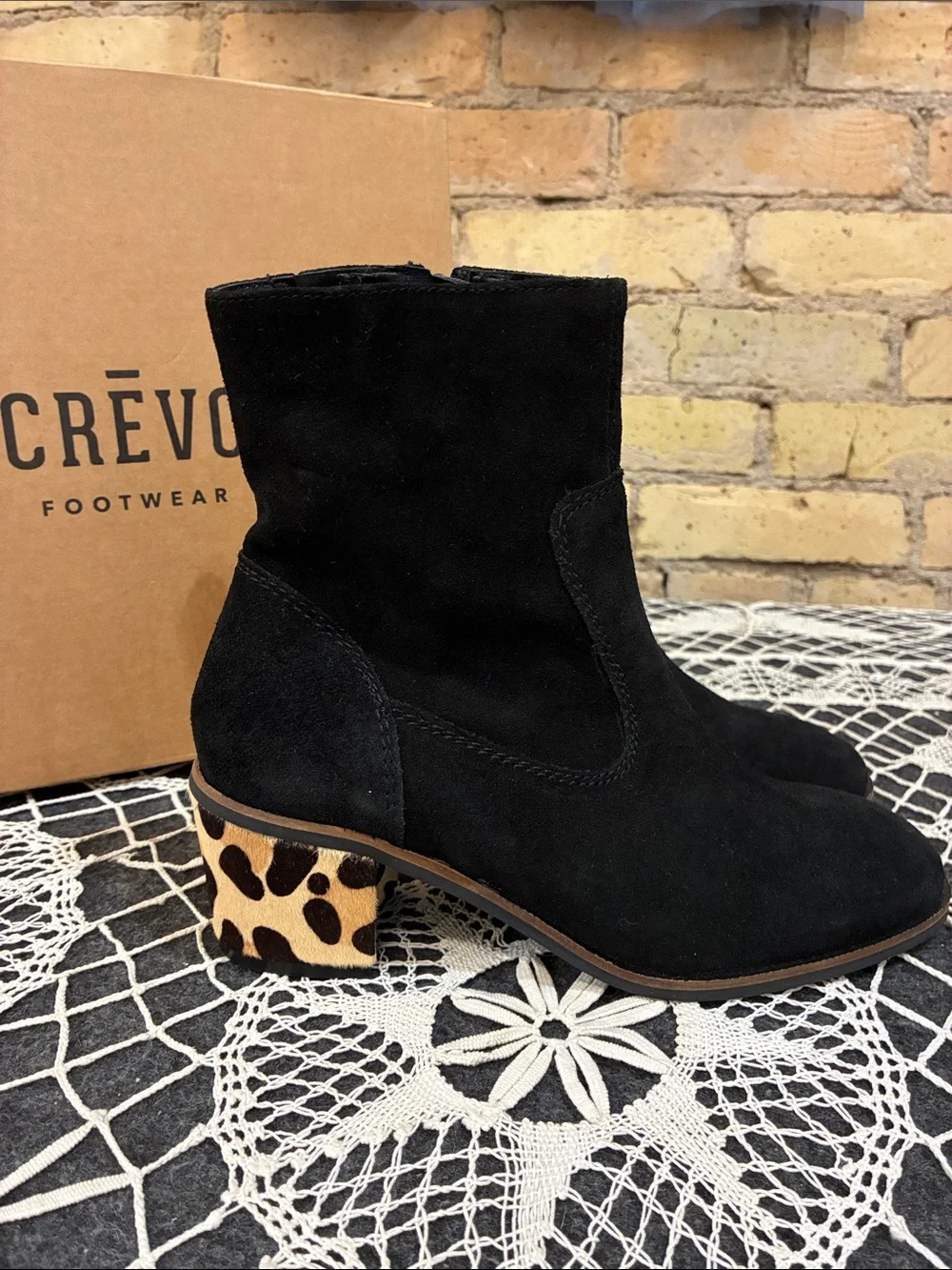 Crevo Jade Black Suede Ankle Boots with Leopard-Print Block Heel, 7 - Picture 2 of 7